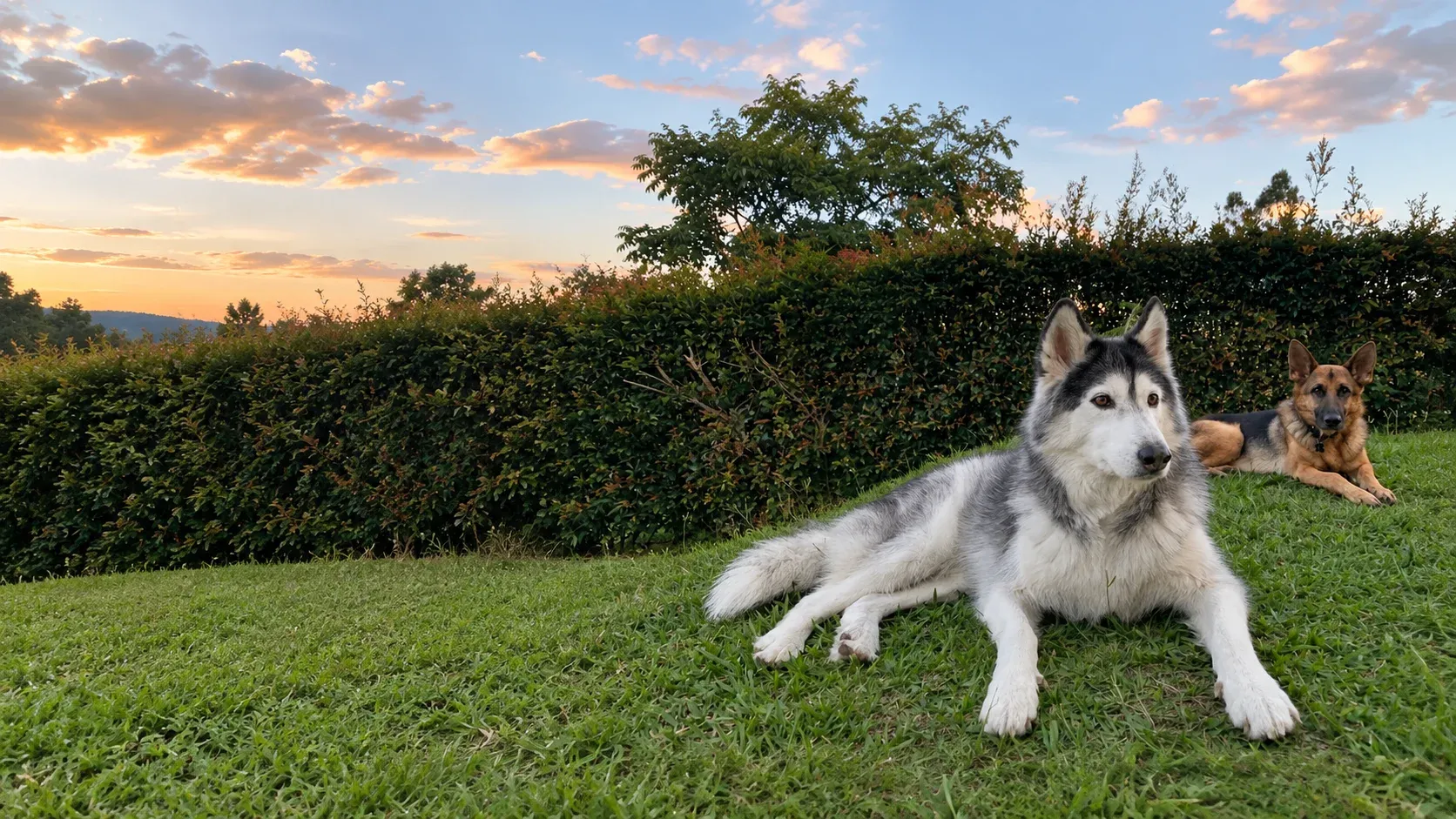 Akira, una husky, y Simba, un pastor alemán, echados en el pasto al atardecer