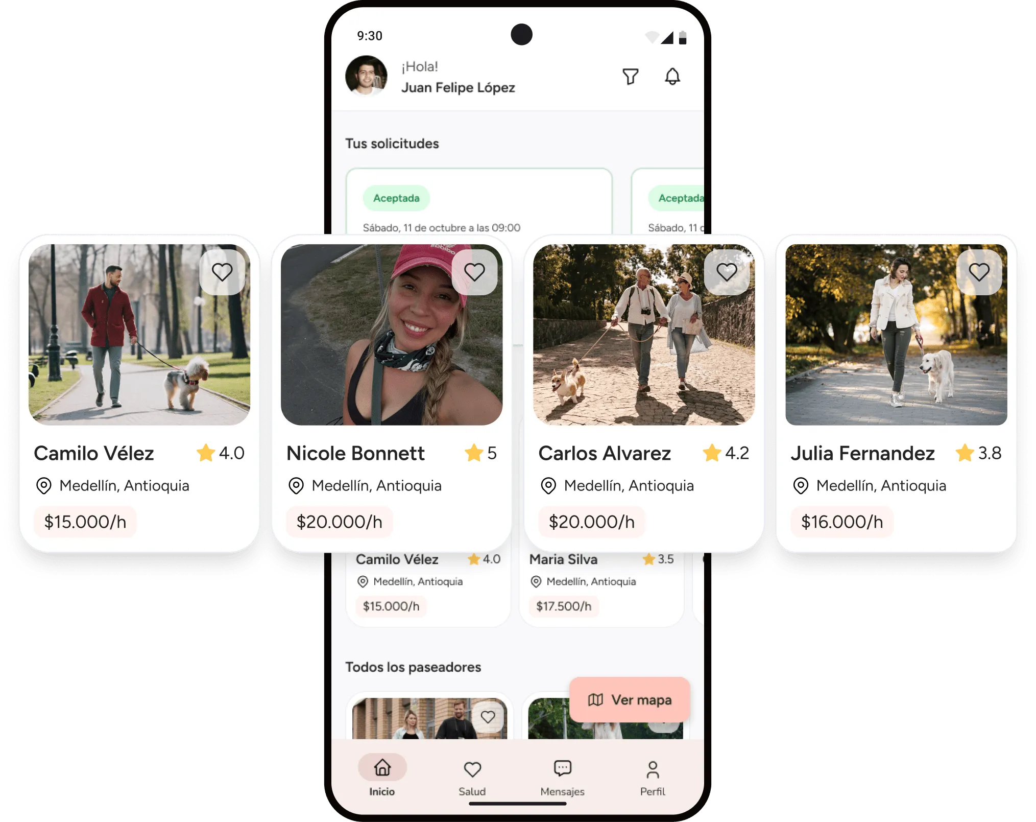 Pantalla de Akimba mostrando paseadores verificados disponibles cerca, con foto, calificación y tarifa