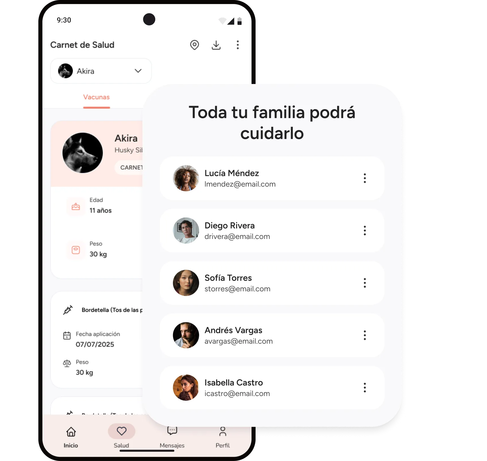 Carnet de salud compartido con la lista de personas que cuidan a la mascota