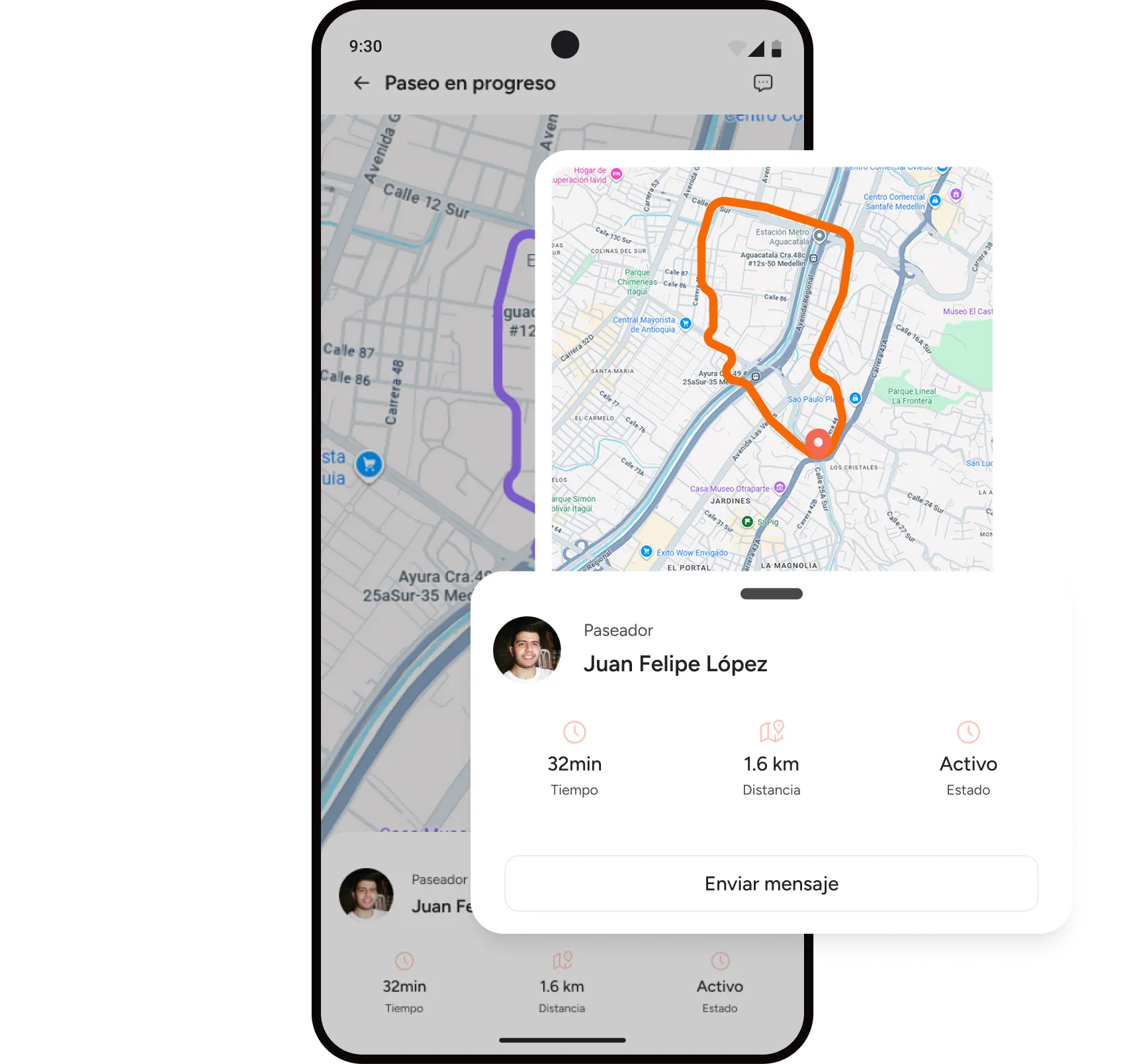Pantalla de Akimba con el mapa del paseo en curso, tiempo y distancia recorrida