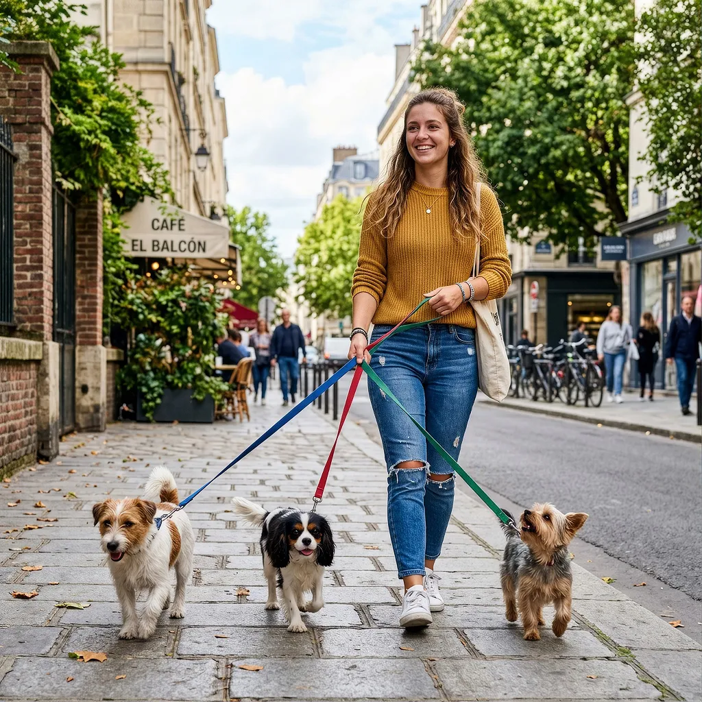 Julia Fernandez, paseadora de Akimba, con tres perros
